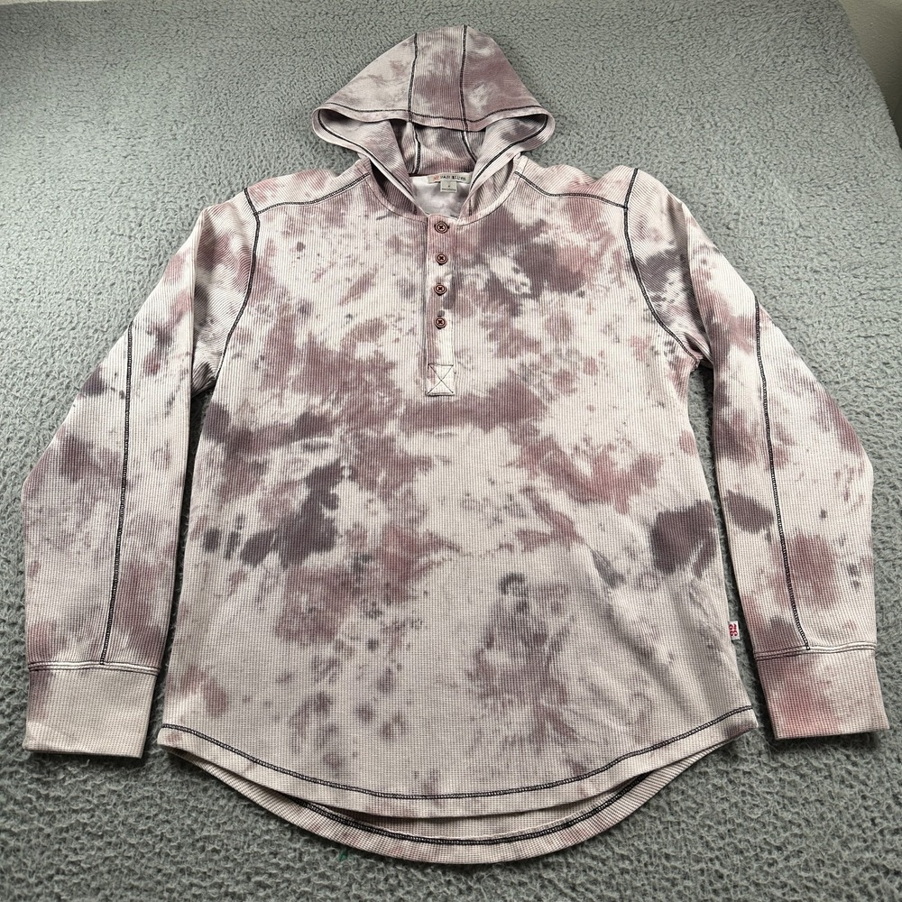 32 Bar Blues Hoodie Sweatshirt Henley Mens Medium Tie Dye‎ Thermal Waffle Knit